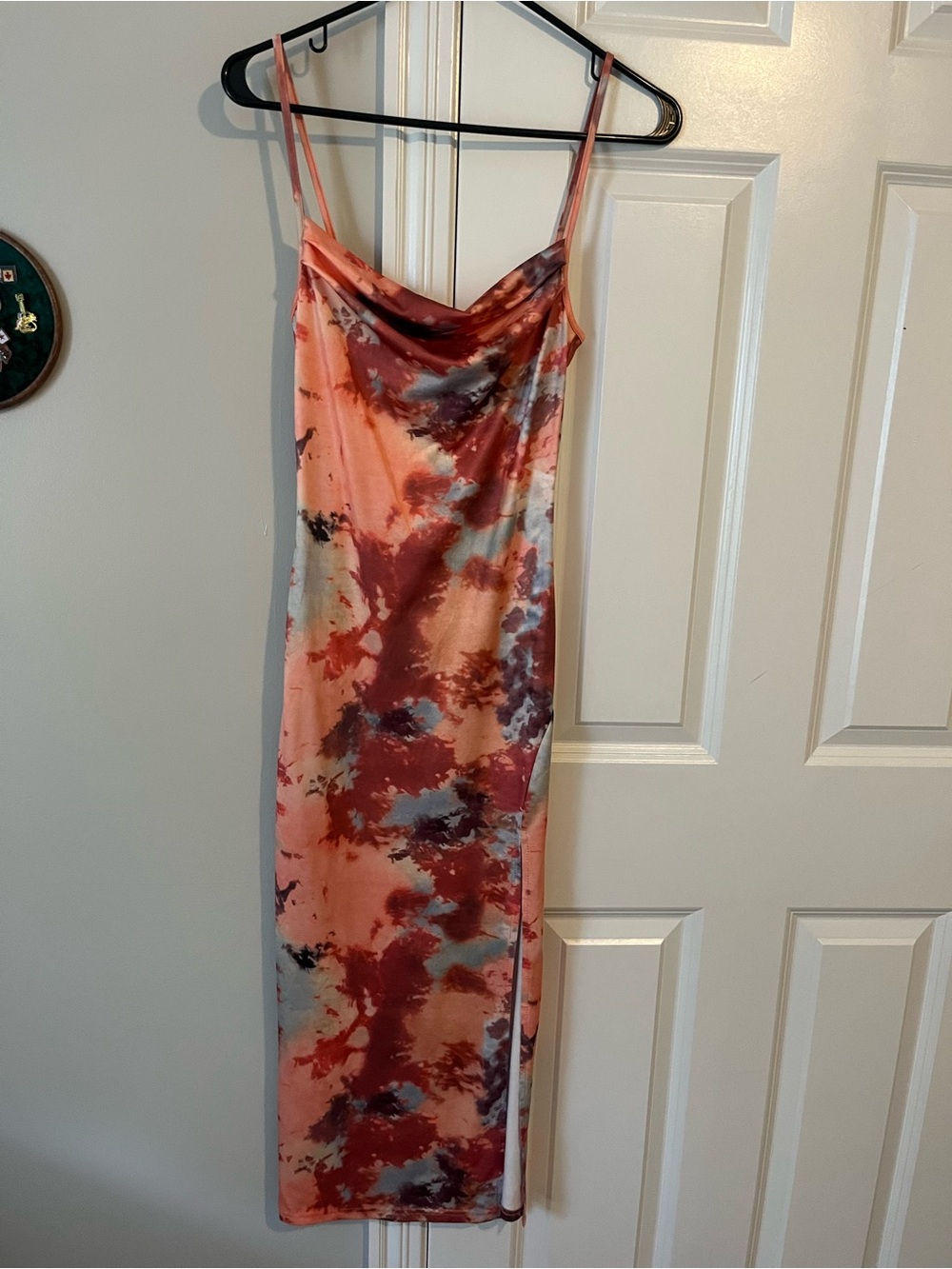 Tie-Dye Cowl Slip Midi Dress in Pink and Rust